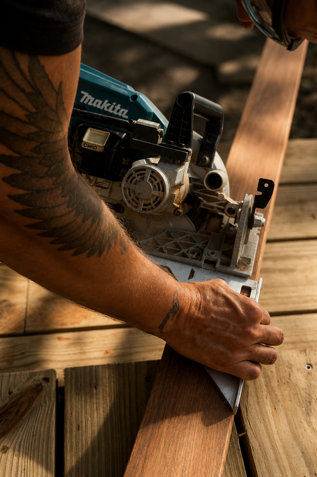 A craftsman guiding a circular saw along a cedar plank