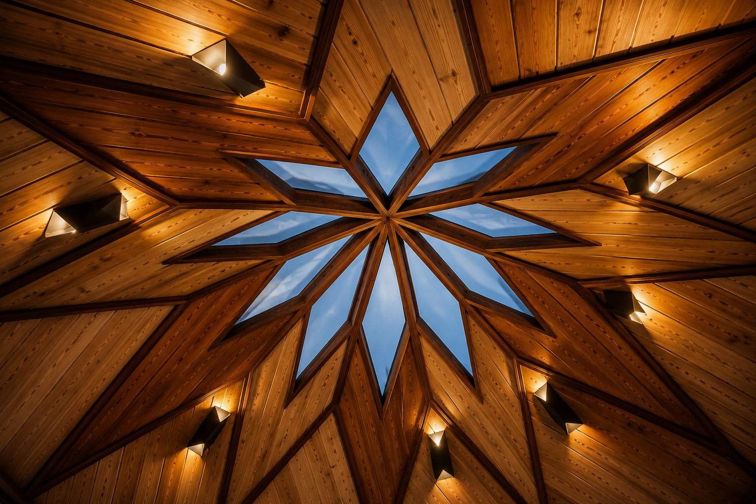 Radiating cedar ceiling beams with triangular skylights open to the sky