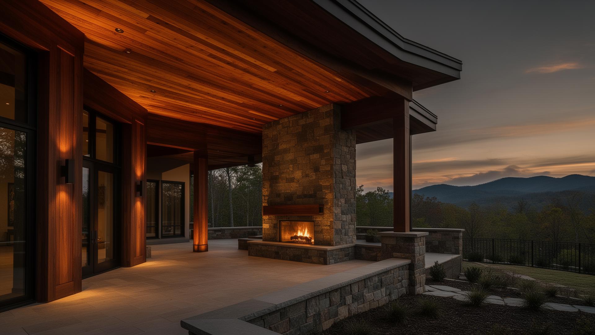 Custom cedar-clad outdoor living pavilion at dusk in the North Georgia mountains